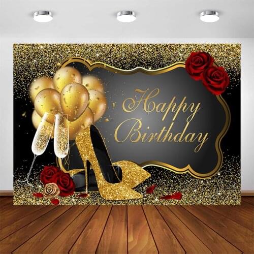 Happy Birthday Party Backdrop Golden Dots Balloons Rose Black and Gold Decorations Women Adults Birthday Photo Booth Background