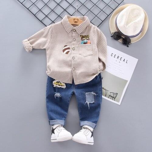 IENENS Toddler Boys Clothing Sets Kids Shirts Clothes Casual Outfits Suits Autumn Children Plaid Shirt + Jeans 1 2 3 4 Years