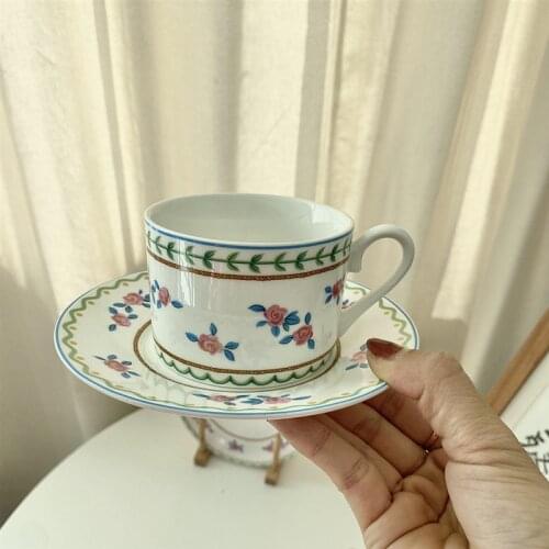Retro Nordic Flower White Ceramic Coffee Cup Saucer Set Breakfast Drinking Tea Cup Kitchen Vintage Mug Decorative Cups