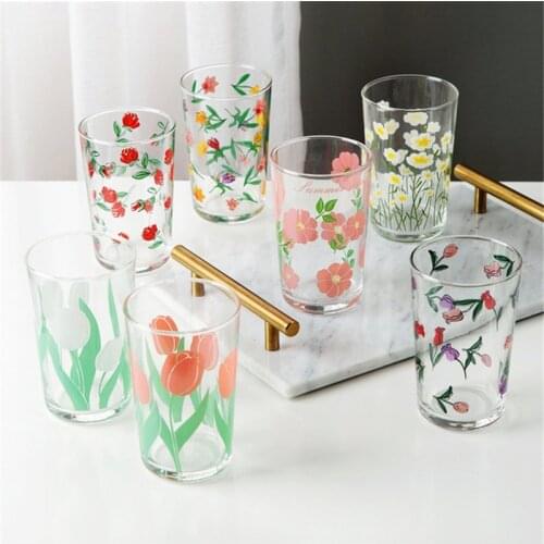 Creative 7 Flower Patterns Tulip Daisy Rose Cosmos Printing Wine Glass Transparent Juice Milk Cup Coffee Mug Drinkware Gift