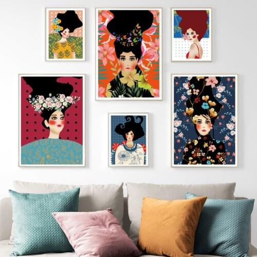 Wall Art Canvas Painting Abstract Girl Flower Fashion Vintage Nordic Poster Prints Wall Pictures for Living Room Home Decoration