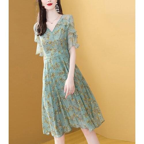 Printed Chiffon Summer Dress Casual Elegant Ruffle Short Sleeve V-Neck Floral A-Line Party Dresses Women Silk Vestidos 2021 New