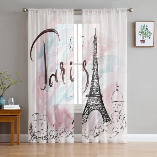 Eiffel Iron Tie Pink Sheer Curtains Window Tulle Curtains For Living Room Bedroom For Kitchen Veiling Curtains Decoration