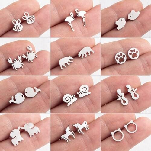 Tiny Cute Stainless Steel Bee Unicorn Bear Flamingo Snails Earring Minimalism Bird Paw Ear Studs Everyday Jewelry Girl Kids Gift