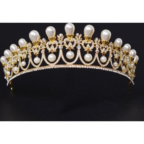 Gold simulated dangle pearl tiara elegant wedding tiara for bride queen princess wedding hair accessories wholesale