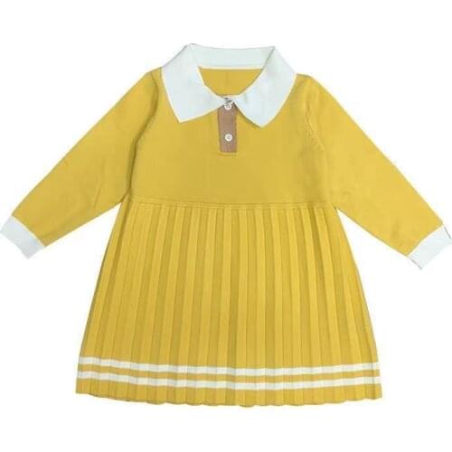 Girls Knitting Long Sleeve Dress Spring Autumn New Lady Girl Baby Ruffle Lapel Knitted Sweater Girl Casual Solid Color Dress