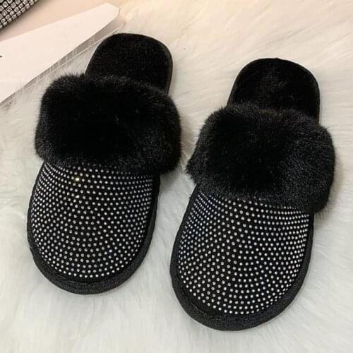 Ladies Round Toe Designer Shoes Women Luxury Rhinestone Fur Crystal Slippers Diamond Mules Slip On Slippers Flats Shoes Dropship