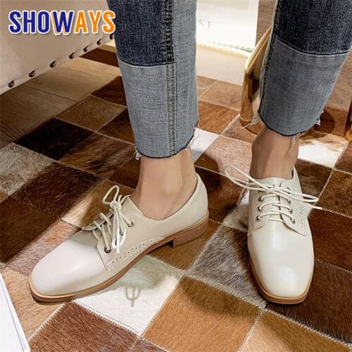 Spring Vintage Women Brogues Beige Black Fretwork Block Heels Derbies Dress Office Lady British Eyelet Lace-up Square Toe Flats