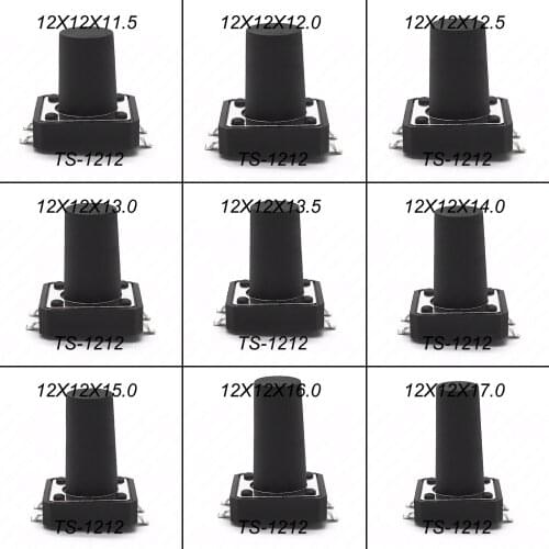 10PCS 12X12 H=13/13.5/14/15/16/17MM~4.3MM 4PIN SMT Momentary Tactile Tact switch Push Button Switch BLACK