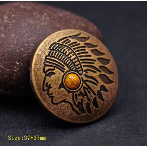 10PC 37mm Heavy Antique Brass Indian Head Skull Dress Leathercraft Belt Luggage Bag Saddle Headstall Turquoise Concho Screwback