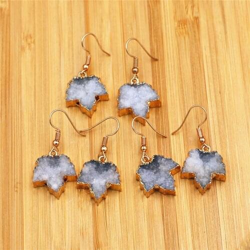 6PCS Wholesale Lot Natural Stone Gray Agates Druzys Drusy Earrings Maple Leaf Charm for Women Men Unisex Jewelry Necklace Making