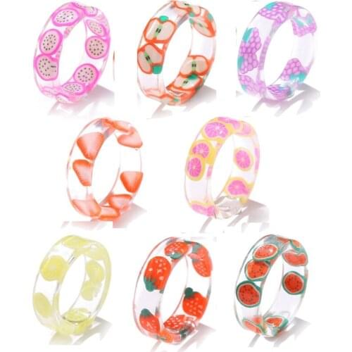 8Pcs Resin Fruit Rings Set Cute Transparent Plastic Resin Ring Jewelry for Women Teen Girl Indie Aesthetic