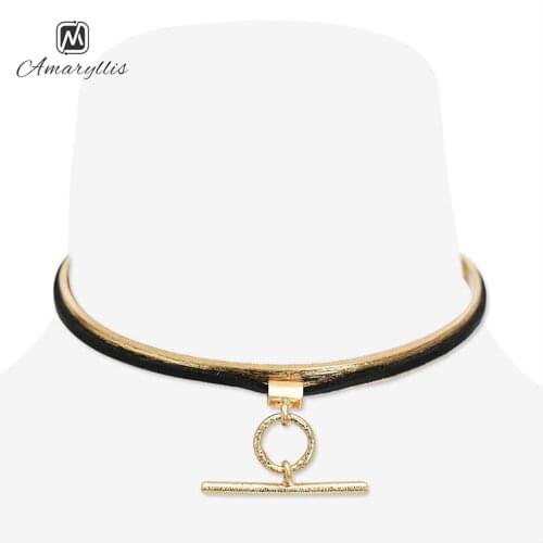 Amaiyllis New Punk Alloy Circle Long Bar Statement Pendant Collar Choker For Women Black Leather Metal Mix Open Cuff Torques