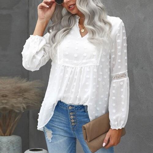 Puff Sleeve White Chiffon Womens Blouse Casual V-neck Fur Ball Decoration Fairy Blouses For Ladies Korean Elegant Female Tops