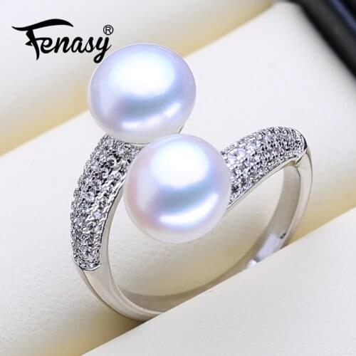FENASY Natural Freshwater Pearl Rings New Fashion Silver Color Multi Layered Zircon Party Adjustable Rings For Women Wholesale
