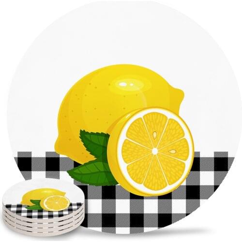 Fruit Lemon Black And White Lattice Round Coaster Coffee Table Mats Kitchen Accessories Absorbent Ceramic Coasters