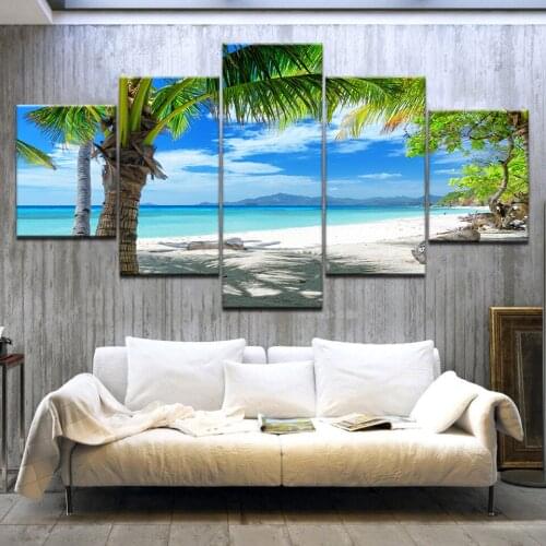 Painting Modern Home Decor Canvas Poster Living Room Modular Frame 5 Panel Beach Coconut Trees Seascape Wall Art Pictures