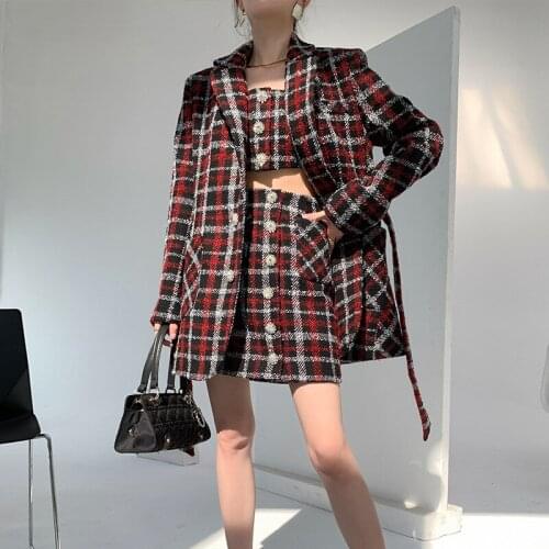 Classic Retro Red Plaid Suit Three-Piece Sexy Vest Slim Charming Half Skirt With Diamond-Studded Buckle Belt Fashion Office Lady