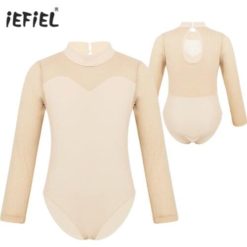 Kids Girls Shiny Tulle Mock Neck Ballet Dance Gymnastics Dancing Jumpsuit Long Sleeves High Cut Girls Ballet Leotard Performance