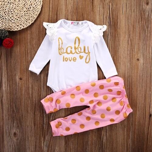 2PCS Baby Girl Clothes Toddler Infant Baby Girls Clothing Sets Lace Long Sleeve Bodysuit+Pants Baby Love Clothes Outfits