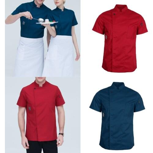 2Pack Unisex Short Sleeve Chef Coat Jackets, Work Apparel Chef Tops with Invisible Buttons(Red and Navy Set) XL