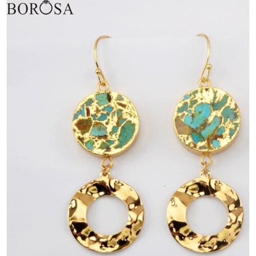 Fashion Gold Round Natural Turquoises Dangle Earrings Bohemia Double Circle Metal Drop Earrings Boho Jewelry Gifts