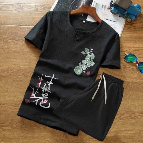 Mens Printing Clothing 2 Pieces Set Summer Linen Set Cotton Men T-Shirt Slim Short-Sleeved Solid Color Casual Shorts M-5Xl