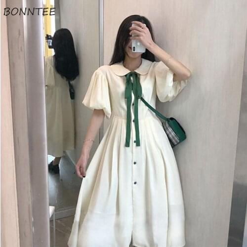 Dress Women Fairy Sweet Peter Pan Collar Lovely Preppy Style Simple Girls Solid Single Breasted Vintage Puff Sleeve Summer Chic