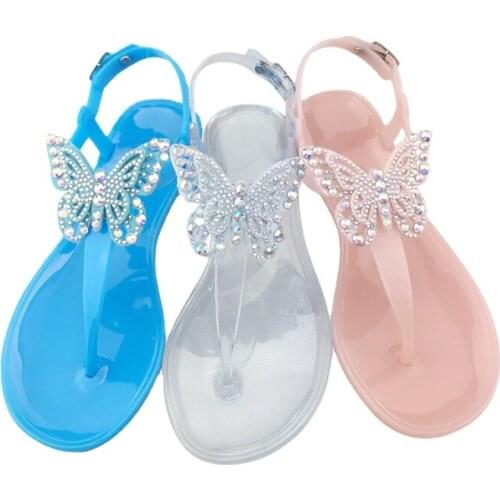Womens Jelly Shoes Summer Fashion Color Diamond Butterfly Crystal Pvc Sandals Outdoor Leisure Beach Flat Sandals