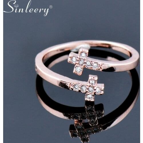 SINLEERY Korean Fashion Cross Ring Adjustable Size Tiny Crystal Inlay Rose Gold Color Rings For Women Girl Jz435 SSK