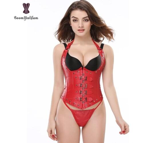 High quality 2 colors choice rivets and buckles decorated waist trainer steel boned halterneck leather underbust corset PU Korse