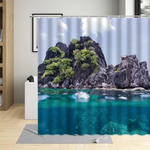 Blue Sky Reef Stone Sea Shower Curtain Green Islands The Underwater World Bathroom Home Waterproof With Hook Washable Fabric