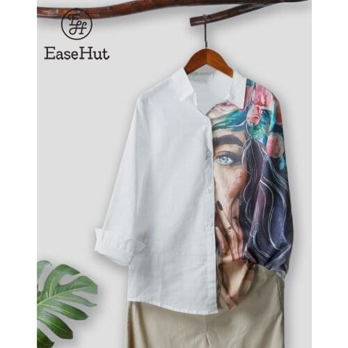 2021 Vintage Women Blouse Print Splicing Long Sleeve Turn-Down Collar Button Down Shirt Loos Female Watercolors Print Shirt