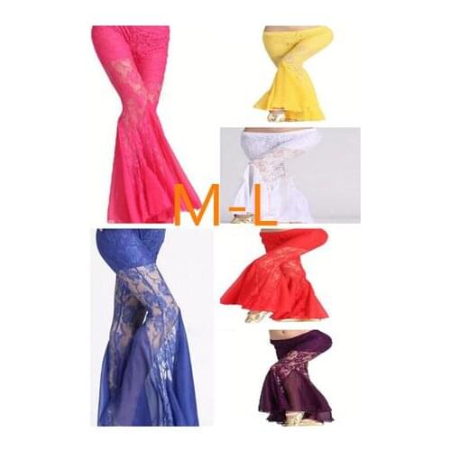 Women Belly Dance Wide Leg Pants Lace Bell Bottoms Indian Lace Pants Belly Dancing Net Yarn Fishtail Pants Trousers