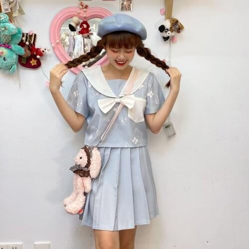 Sweet lolita Princess retro sailor collar falbala high waist victorian set top +skirt jk uniform kawaii girl gothic lolita