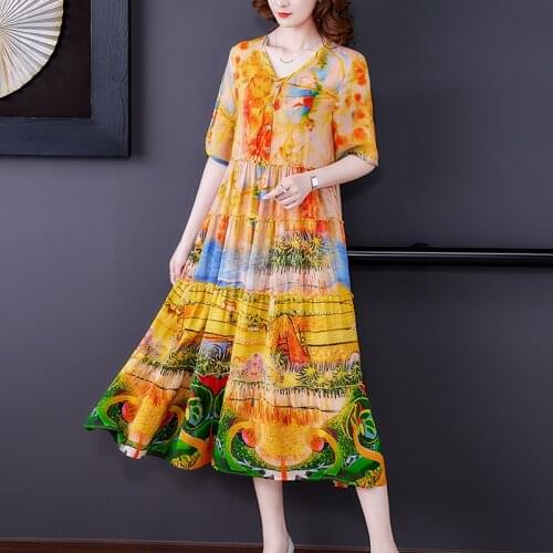 ZUOMAN Summer Floral Silk Midi Dress Summer Casual Loose 5XL Plus Size Beach Dress Women Elegant Bodycon Party Vestidos