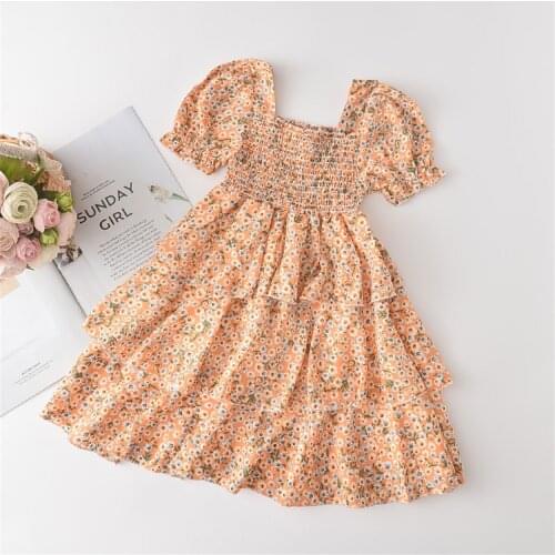 2-6Years Sweet Kids Girls Flowers Dress Summer Cute Short Puff Sleeve Square Collar A-Line Girls Floral Ruffles Layered Dress