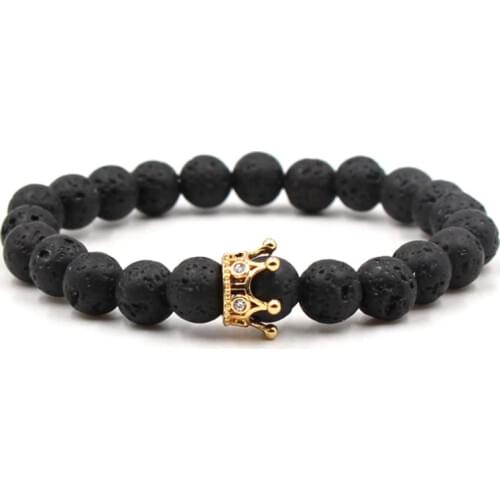 8mm hh2 elastic adjusted nature black stone volcanic lava micro pave cz zircon cubic zirconia Crown Charm Bracelet