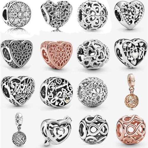 Love Heart & Round shape Openwork Hearts Charm Beads Fit Pandora Bracelet Silver 925 Charms Original Diy Jewelry making 2019