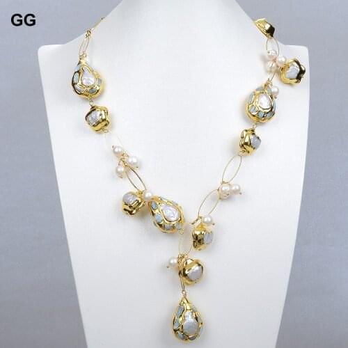 GG Jewelry Natural Freshwater Cultured White Keshi Pearl Gold Plated Ede Blue Larimars Chips Gold Color Necklace 21" For Women