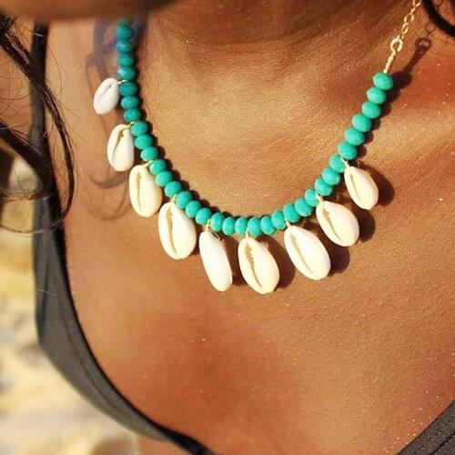 Modyle Fashion Blue Rope Chain Natural Seashell Choker Necklace Collar Necklace Shell Choker Necklaces for Summer Beach Gifts