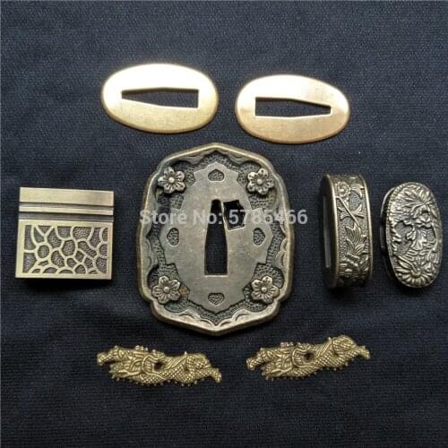 Military A Set Alloy Fitting Japanese katana WAKIZASHI Sword Accessories DIY TSUBA+FUCHI+KASHIRA+MENUKI