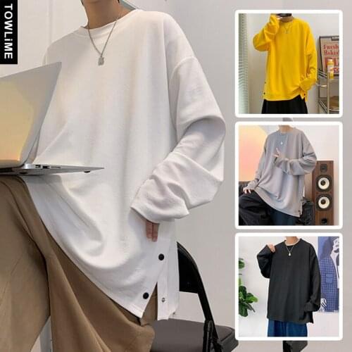 2021 Autumn New Men Solid Color Harajuku Loose T Shirts Man Long Sleeve Vintage Streetwear Pullovers Tops Male Kpop Casual Tees