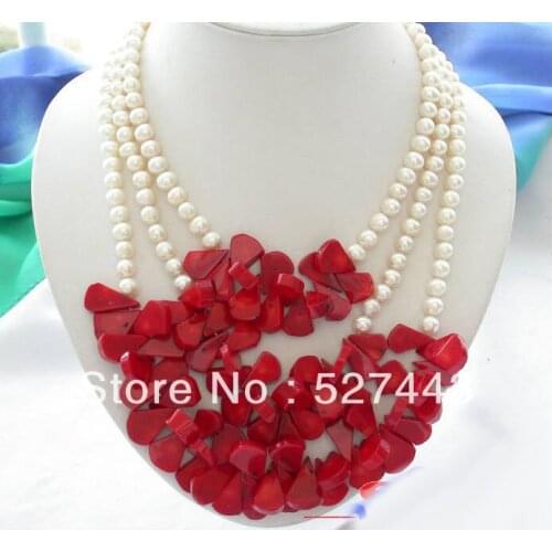 Wholesale free shipping 3row white round freshwater pearl red coral necklace