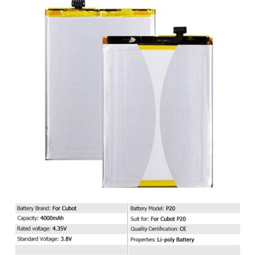 Original cubot p20 phone battery 4000mah 3.8V for Cubot P20 Android 8.0 19:9 Notch Screen 4GB 64GB 6.18'' MT6750T Octa-Core