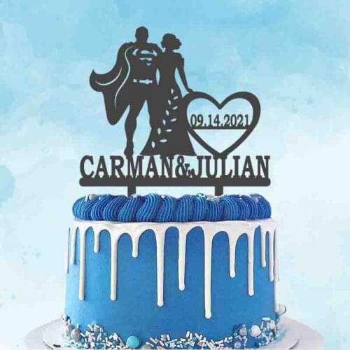 Personalized Wedding Cake Topper Custom Name Date Super Man Groom Bride Silhouettes Cake Topper For Wedding Party Decoration