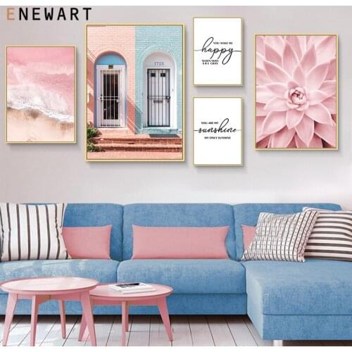 Mediterranean Architecture Landscape Print Poster Pink Ocean Succulent Plant Canvas Painting Modern Wall Art for Living Room