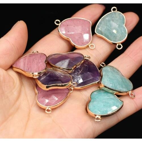Natural Semi-precious Amethysts Pendant Heart Shape Double Hole Connectors for Jewelry Making DIY Bracelet Necklace Accessories