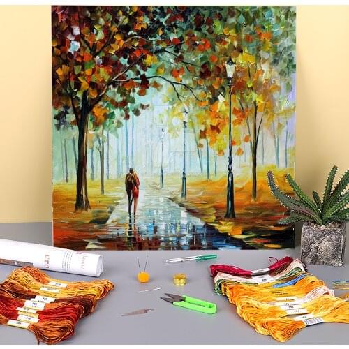 Oil Style Fall Love Pre-Printed 11CT Cross-Stitch Complete Kit DIY Embroidery DMC Threads Handmade Knitting Sewing Floss