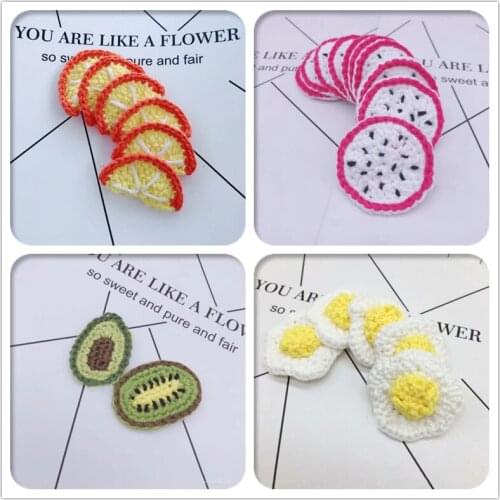 Handmade 10pcs Boutique Cartoon Crochet Fried Egg Pitaya Orange Kiwi Fruit DIY Parts for Headwear Clothes Decoration